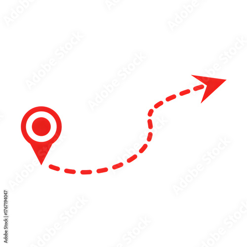 Red gps map pin marker pointing to a dotted line arrow destination isolated on transparent background