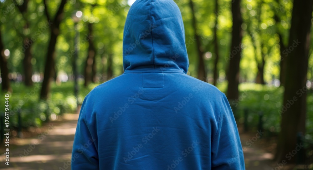 Fototapeta premium Person in Blue Hoodie Walking in Park.