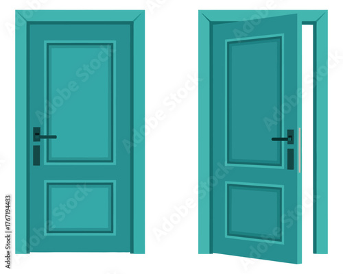 Minimalist vector illustration set of a teal door in open and closed positions