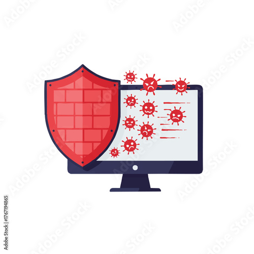 Cybersecurity defense vector illustration featuring a vibrant abstract digital shield protecting a desktop monitor by intercepting and dissolving red malware and virus threats approaching the system.