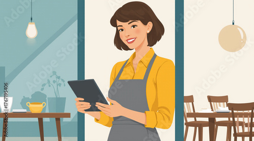 Smiling waitress holding a tablet in a restaurant