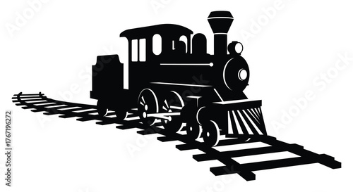 Classic steam locomotive silhouette traveling on railroad tracks in a stark black and white illustration