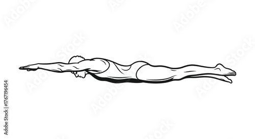 Line drawing illustration of a muscular man performing a swimming stroke with arms extended forward and legs together