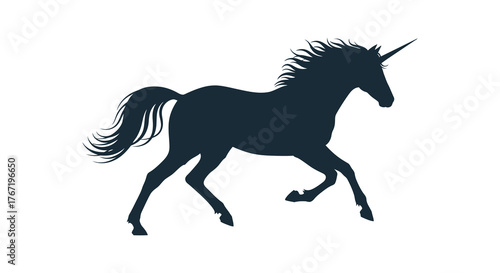 Majestic silhouette of a mythical unicorn galloping with flowing mane and tail against a white background