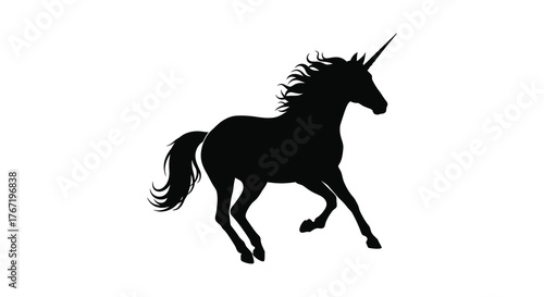 Silhouette of a majestic unicorn with flowing mane and tail in a dynamic pose against a white background