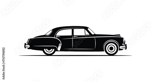 Classic vintage black sedan car silhouette side profile isolated on white background retro automotive design