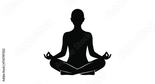 Silhouette of a person meditating in a peaceful lotus pose with hands in gyan mudra on a white background