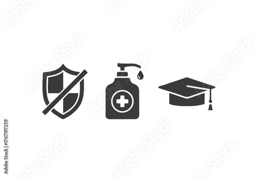Iconic trio isolated on white background a shield with a prohibition symbol, a hand sanitizer bottle, and a graduation cap, all in stark black and white