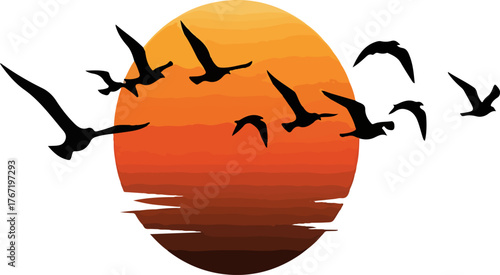 WebSilhouetted birds fly over water at sunset creating a peaceful nature scene