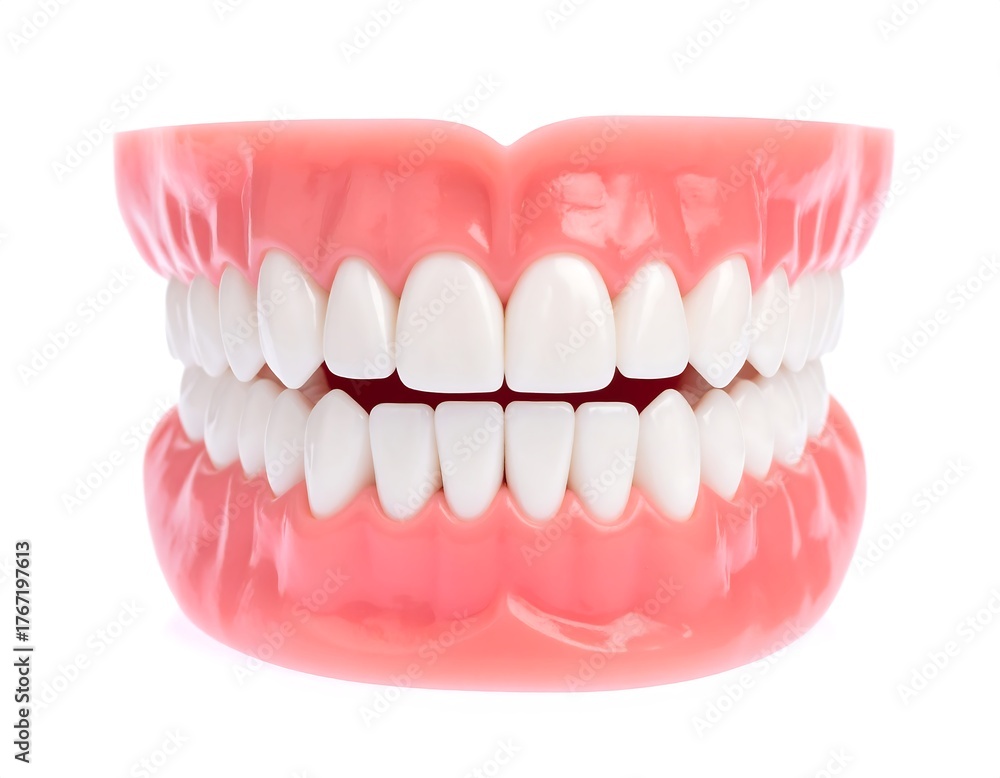 Obraz premium Close-up of a full set of artificial teeth on a pink gum base