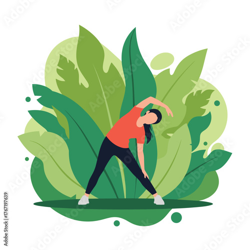 A woman in athletic wear performs a side bend stretch amidst lush green foliage, promoting outdoor fitness and well-being.