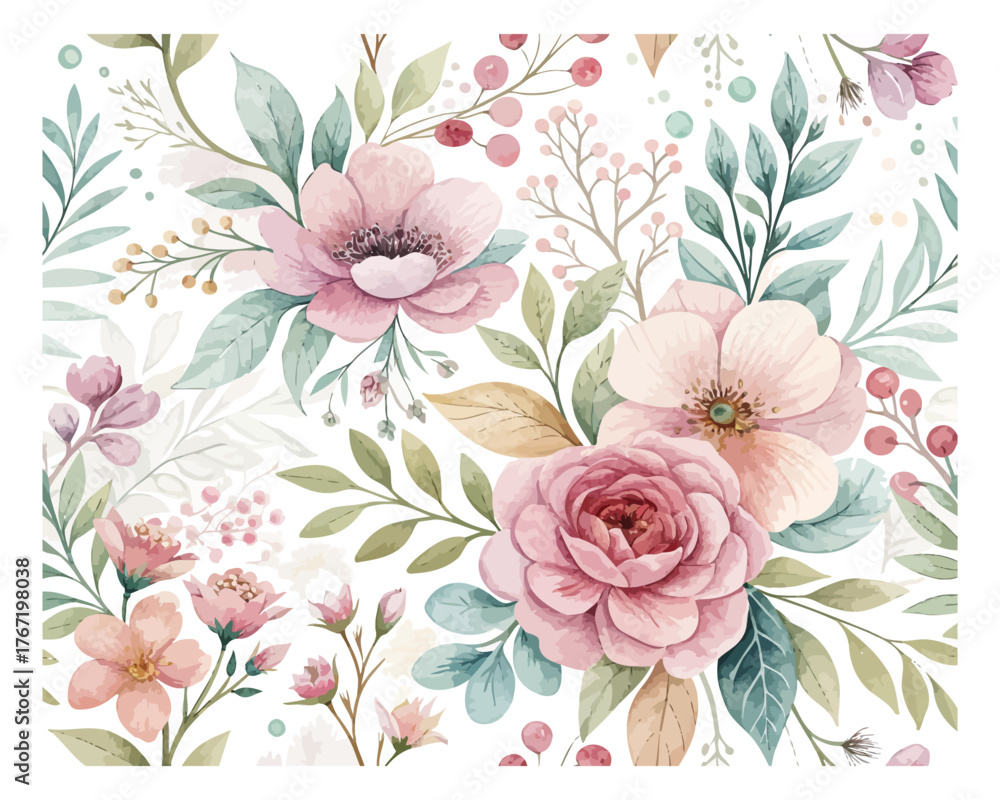 Fototapeta Watercolor Floral Background Pattern isolated on white background