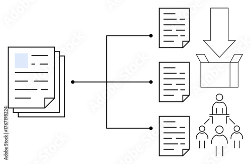 Stack of documents branching into sorted files, archive box, and team hierarchy. Ideal for workflows, organization, collaboration, data management, efficiency teamwork and productivity. Simple flat