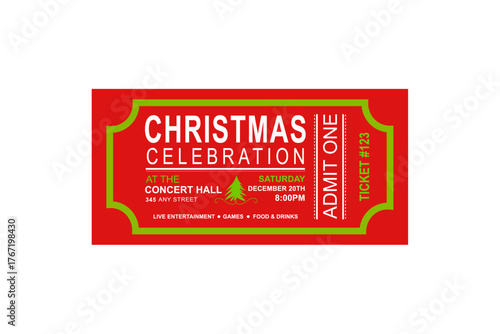 Christmas Concert Ticket Template Design – Festive Holiday Music Event Pass Layout for Party Invitation and Celebration Banner, Elegant Christmas Concert Ticket Vector