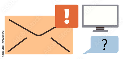 Envelope icon, alert notification with exclamation mark, computer screen, and message bubble with question mark. Ideal for communication, email, notification, alert, technology inquiry digital