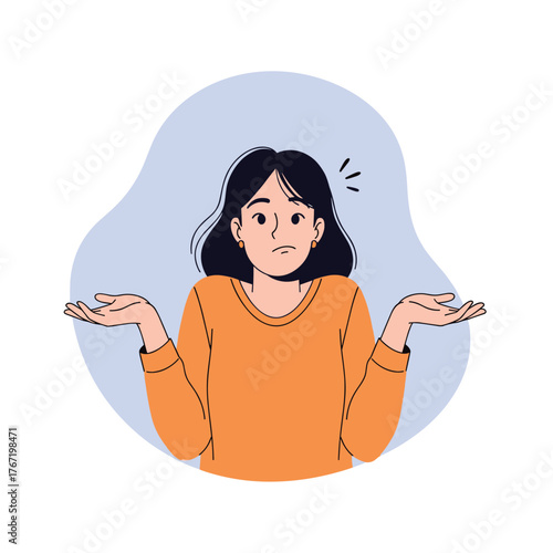 Woman shrugging with a confused expression, expressing uncertainty or indifference.