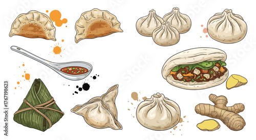 Delicious assortment of Asian-inspired street food including dumplings, bao buns, and more, perfect for foodies.