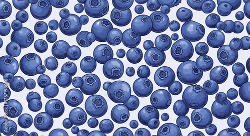 A vibrant seamless pattern of scattered blueberries illustrated in a charming, slightly pixelated cartoon style, perfect for backgrounds.