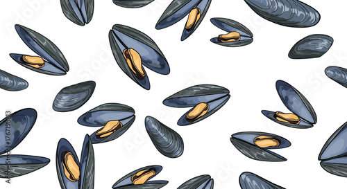 Seamless pattern featuring various blue mussels, some open with delicious golden meat and some closed, scattered across a clean white background.