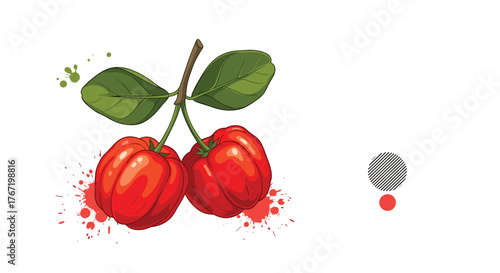 Acerola cherries illustration showcases vibrant red fruit with green leaves and playful splashes of color, embodying freshness and tropical sweetness.