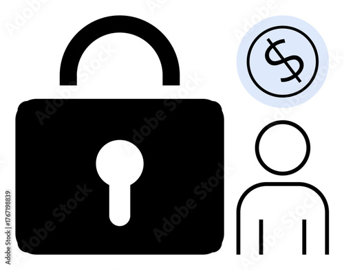 Large lock symbol next to a simplified person figure and dollar currency icon. Ideal for data security, financial safety, identity protection, digital privacy, cybersecurity, trust, compliance