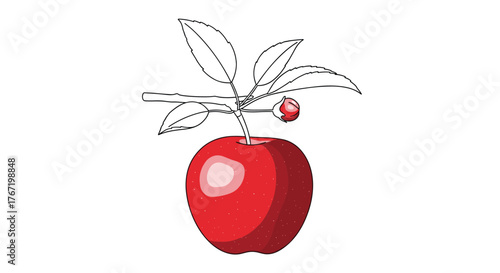 A vibrant illustration captures the freshness of a red apple hanging from a branch with leaves and a tiny bud, isolated on a white background.