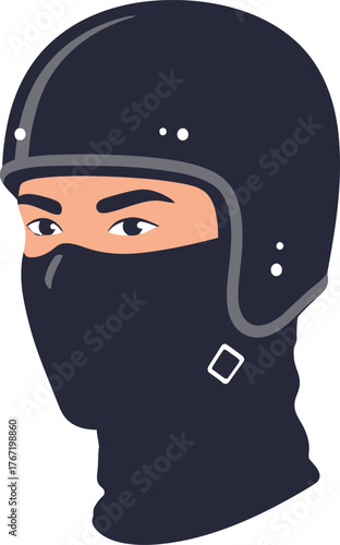 Illustration of a person wearing a dark blue balaclava and helmet with only their eyes visible conveying a sense of mystery and anonymity