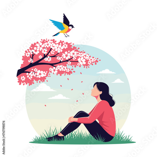 A contemplative woman finds peace sitting on green grass beneath a vibrant cherry blossom tree, as petals fall and a colorful bird flies overhead.