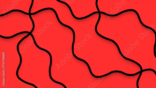 Fototapeta Naklejka Na Ścianę i Meble -  Seamless Abstract Wavy Black Line Pattern with 3D Shadow on Red Background