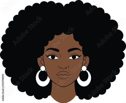 Close up portrait of a beautiful black woman with voluminous natural afro hair and large hoop earrings stylized illustration