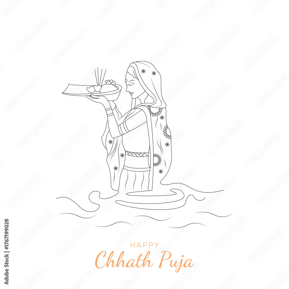 Obraz premium Traditional Indian woman celebrating Chhath Puja festival with offerings in vector illustration