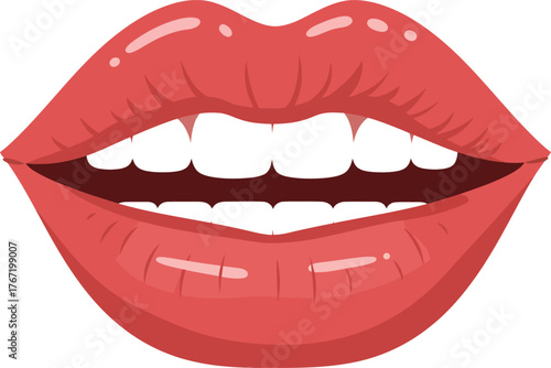 Close up of glossy vibrant red lips with white teeth slightly parted in a smile or expression of surprise