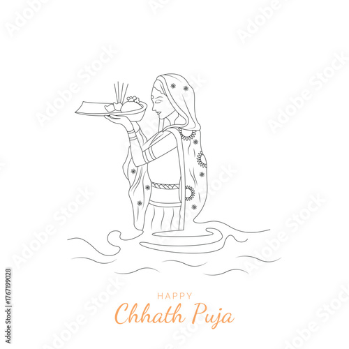 Traditional Indian woman celebrating Chhath Puja festival with offerings in vector illustration