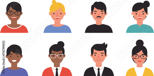 Diverse group of eight cartoon avatars representing people with various skin tones hairstyles and expressions in a flat illustration style
