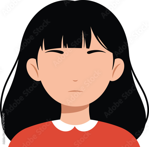 Simple flat illustration of a young woman with long black hair and bangs wearing a red shirt with a white collar