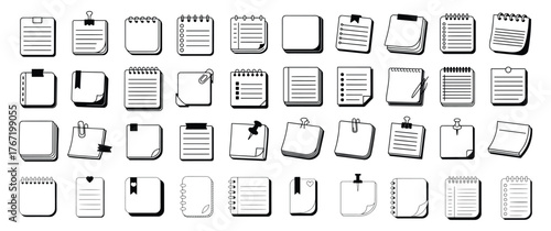 Collection of hand drawn black and white illustrations of various notebooks and notepads, Sketches showcasing different styles and sizes of notebooks and notepads.