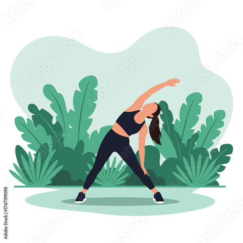 Woman stretching in a park, performing a side bend exercise to improve flexibility and wellness indoors or outdoors, in nature.