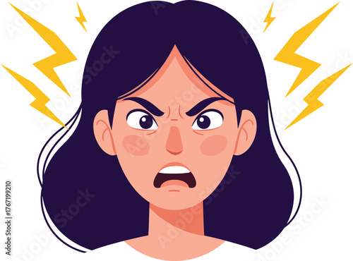 Close up illustration of an angry young woman with dark hair shouting with lightning bolts emanating from her head representing intense frustration and rage