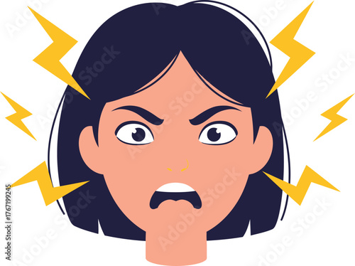 Close up of an angry woman s face with wide eyes and an open mouth exuding intense frustration and rage with lightning bolts emanating from her head