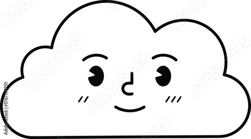 A simple black and white line drawing of a happy cloud character with a smiling face and rosy cheeks on a white background