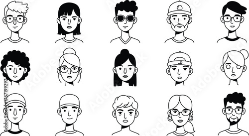 Collection of diverse hand drawn sketch portraits of young men and women with various hairstyles and accessories