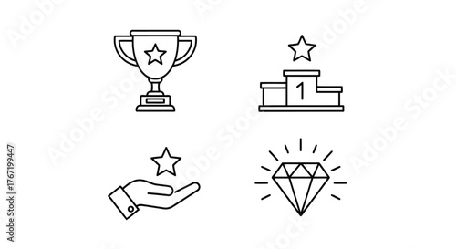 Vector illustration of line art illustration showcasing achievement and success, including a trophy, podium, reward, and diamond, symbolizing excellence and recognition
