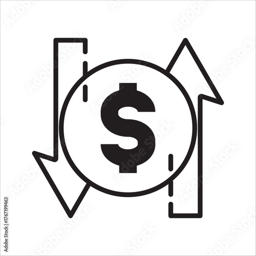 An icon depicting a dollar coin symbol in the center with two large arrows pointing up and down around it, representing currency fluctuations and exchange rate volatility.