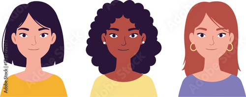 Diverse group of three women with different hair colors and skin tones depicted in a flat illustration style