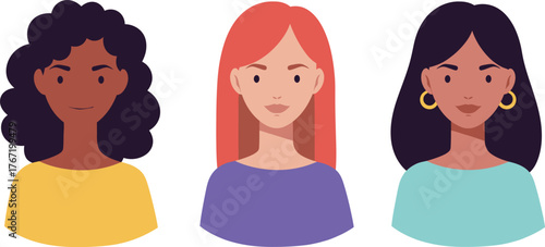 Diverse group of three women with different skin tones and hair colors depicted in a flat illustration style