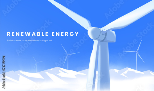 Horizontal minimalist style illustration of renewable energy wind turbines