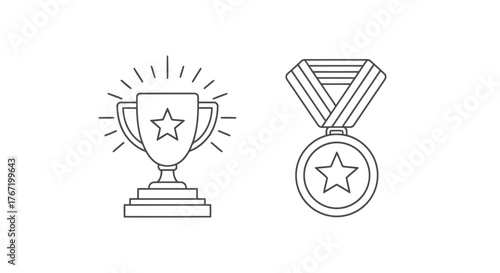 Vector illustration of line art illustration of a trophy and a medal with a star, representing success, achievement, and recognition