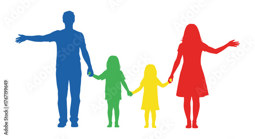 Diverse family silhouette in vibrant colors holding hands together representing unity and togetherness