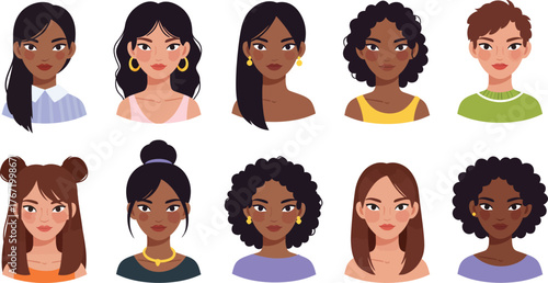 Diverse collection of ten stylized female portraits showcasing various ethnicities hairstyles and skin tones