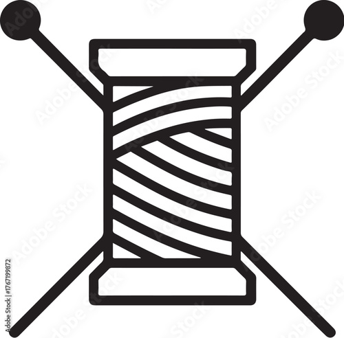 Black and White Thread Spool with Crossed Knitting Needles Vector Illustration.eps